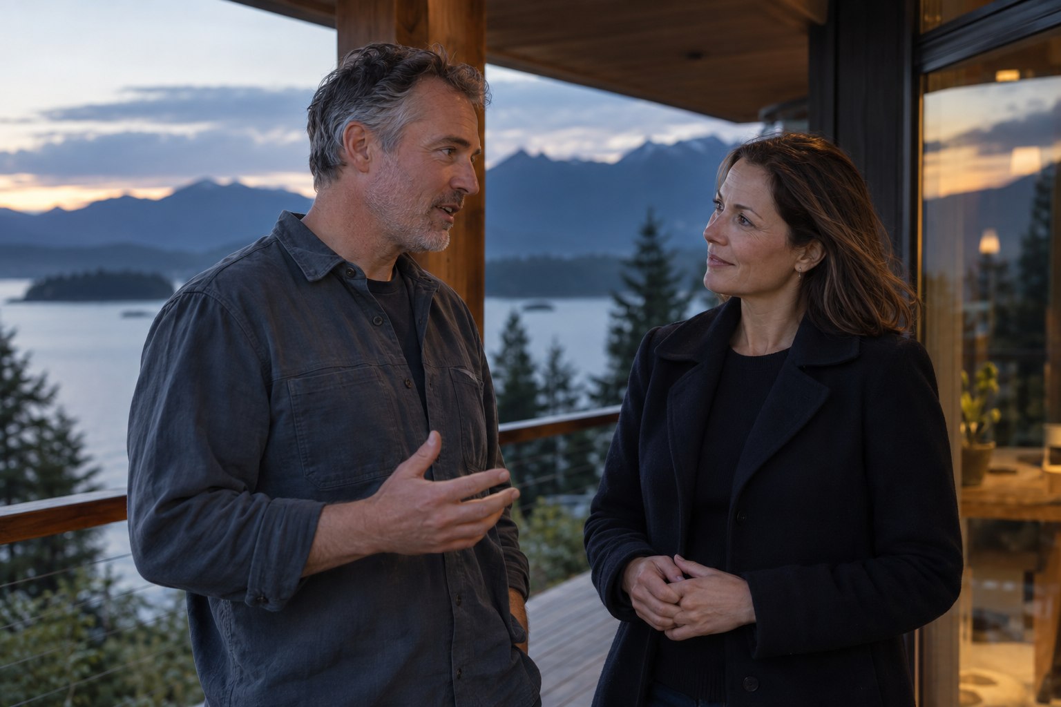 A Realtor listening to a client on a coastal home's terrace