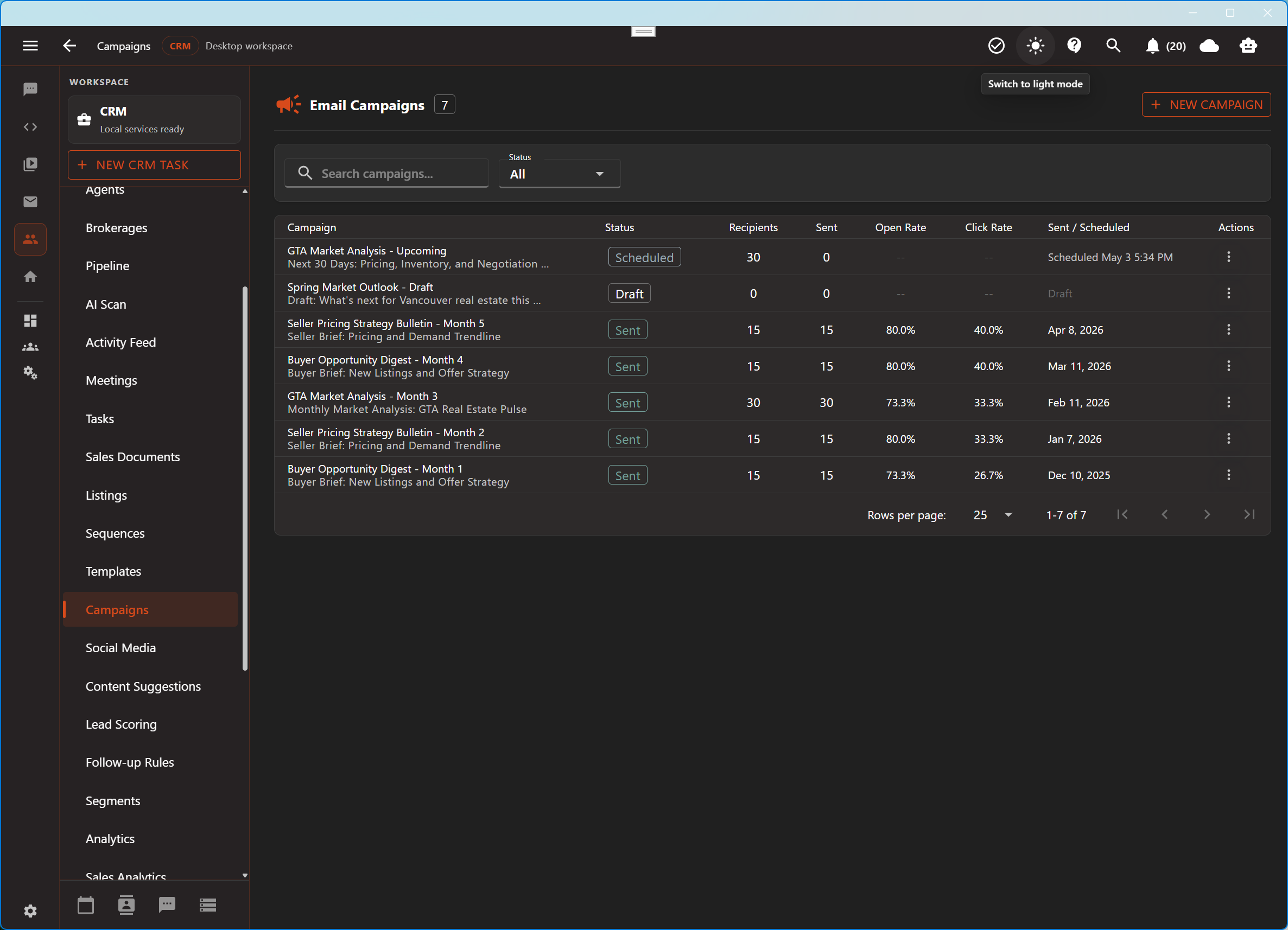 Aurynge campaign workspace with realtor campaign content in dark mode