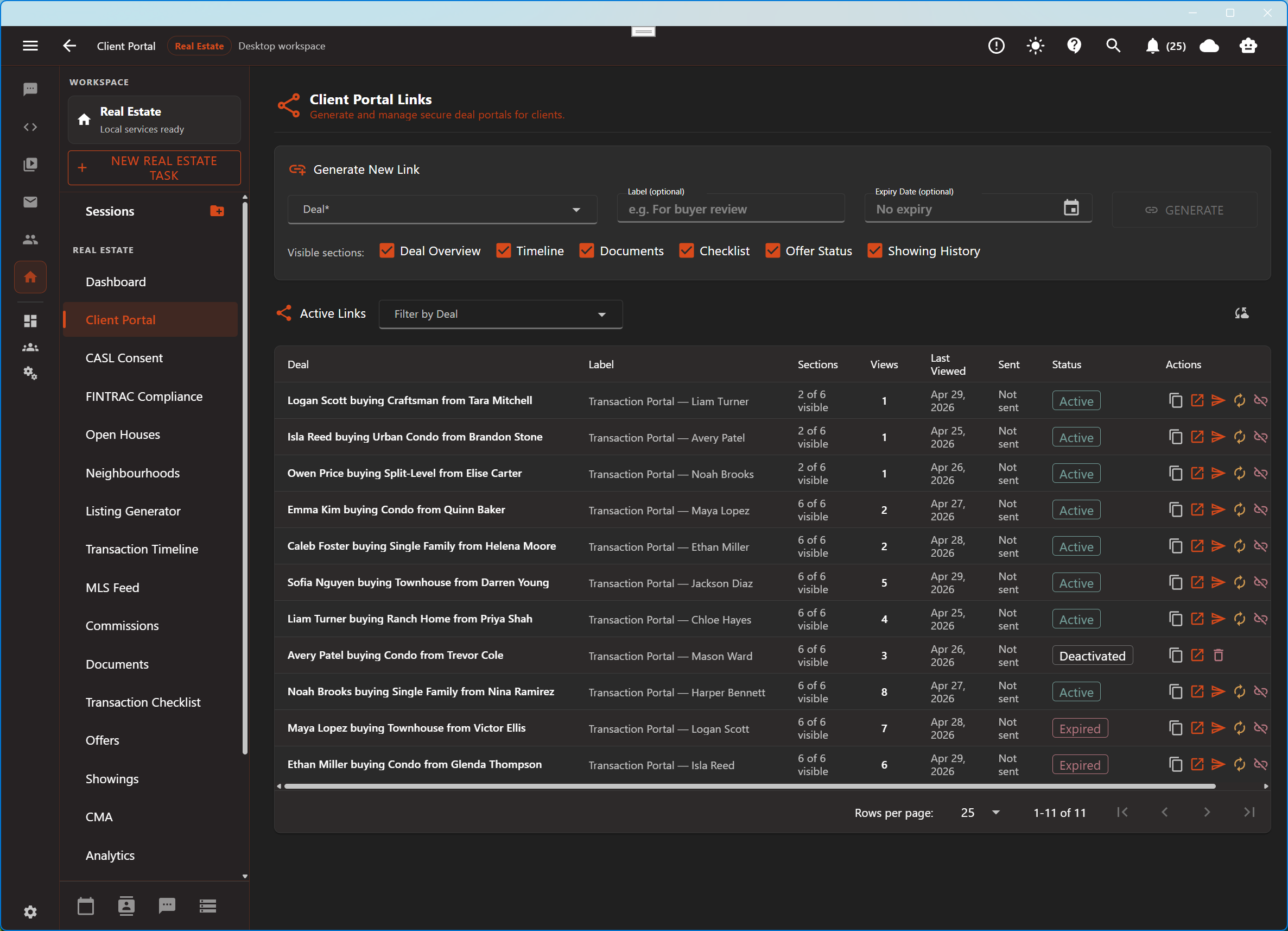 Aurynge client portal workspace in dark mode