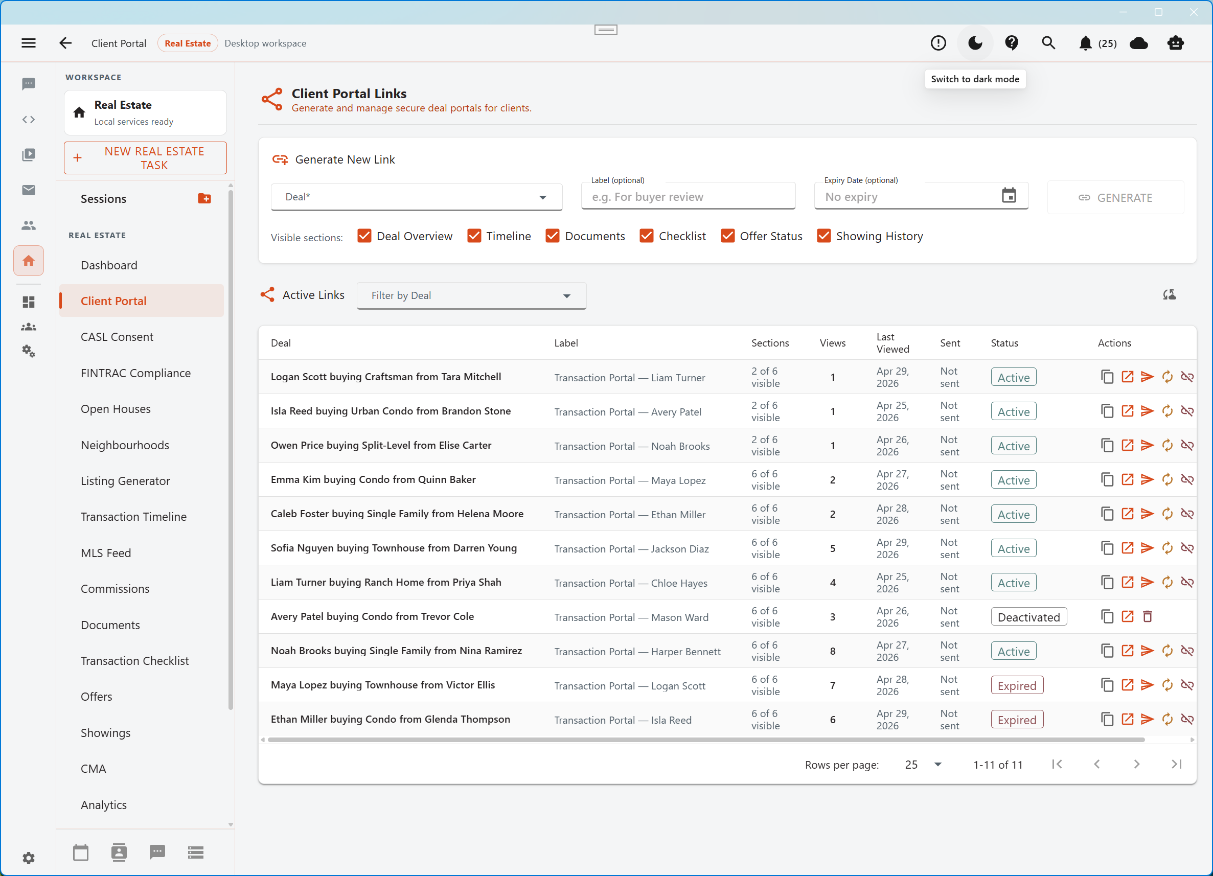 Aurynge client portal workspace in light mode