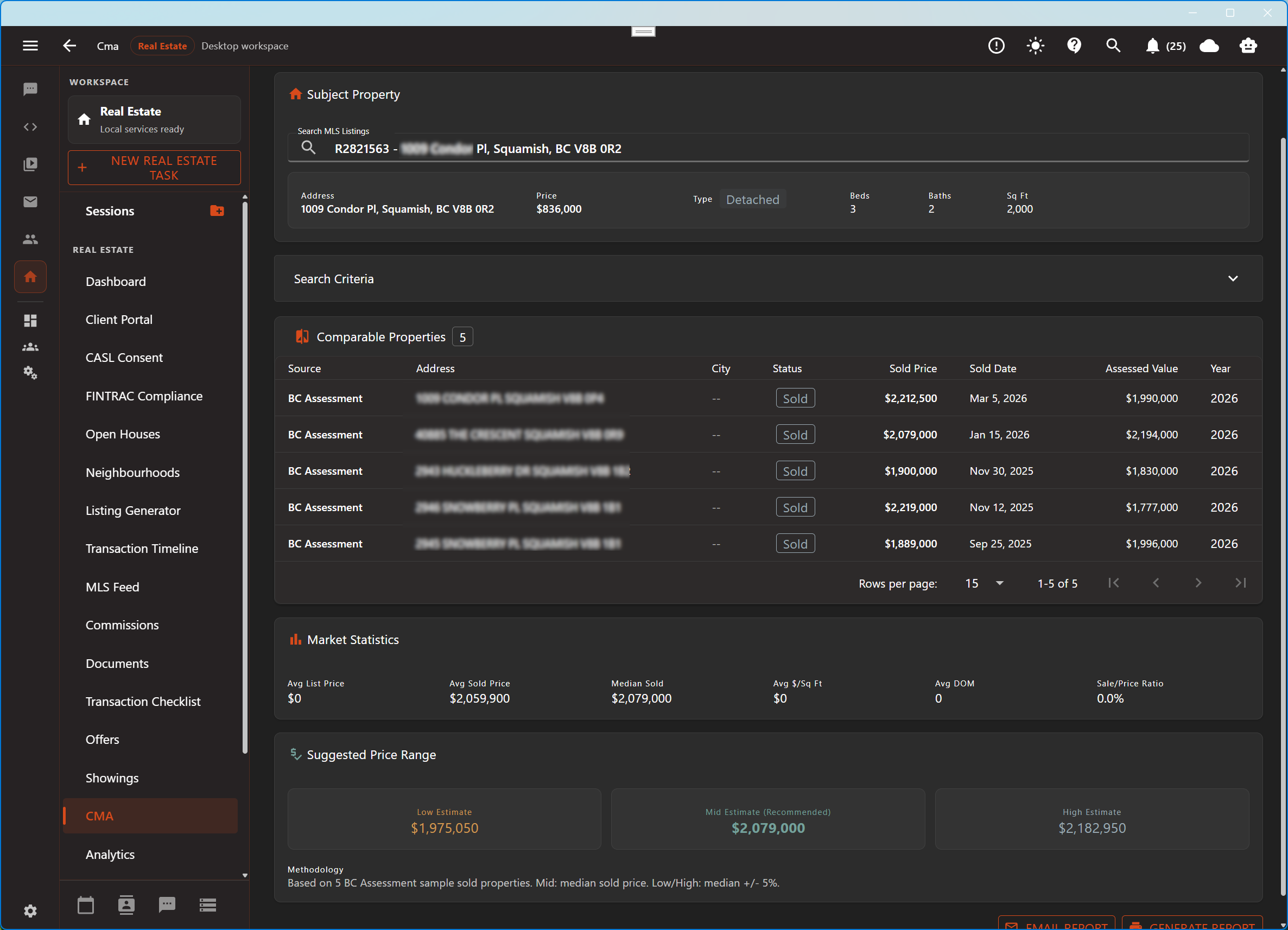 Aurynge comparative market analysis workspace in dark mode