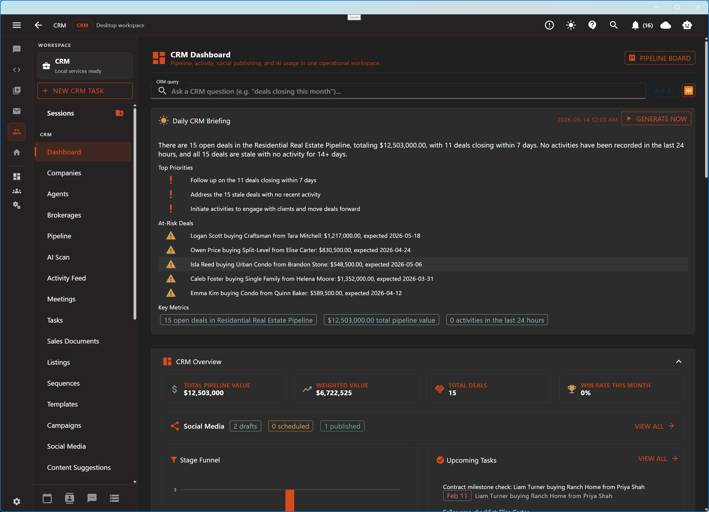 Aurynge CRM dashboard with briefing and pipeline metrics in dark mode