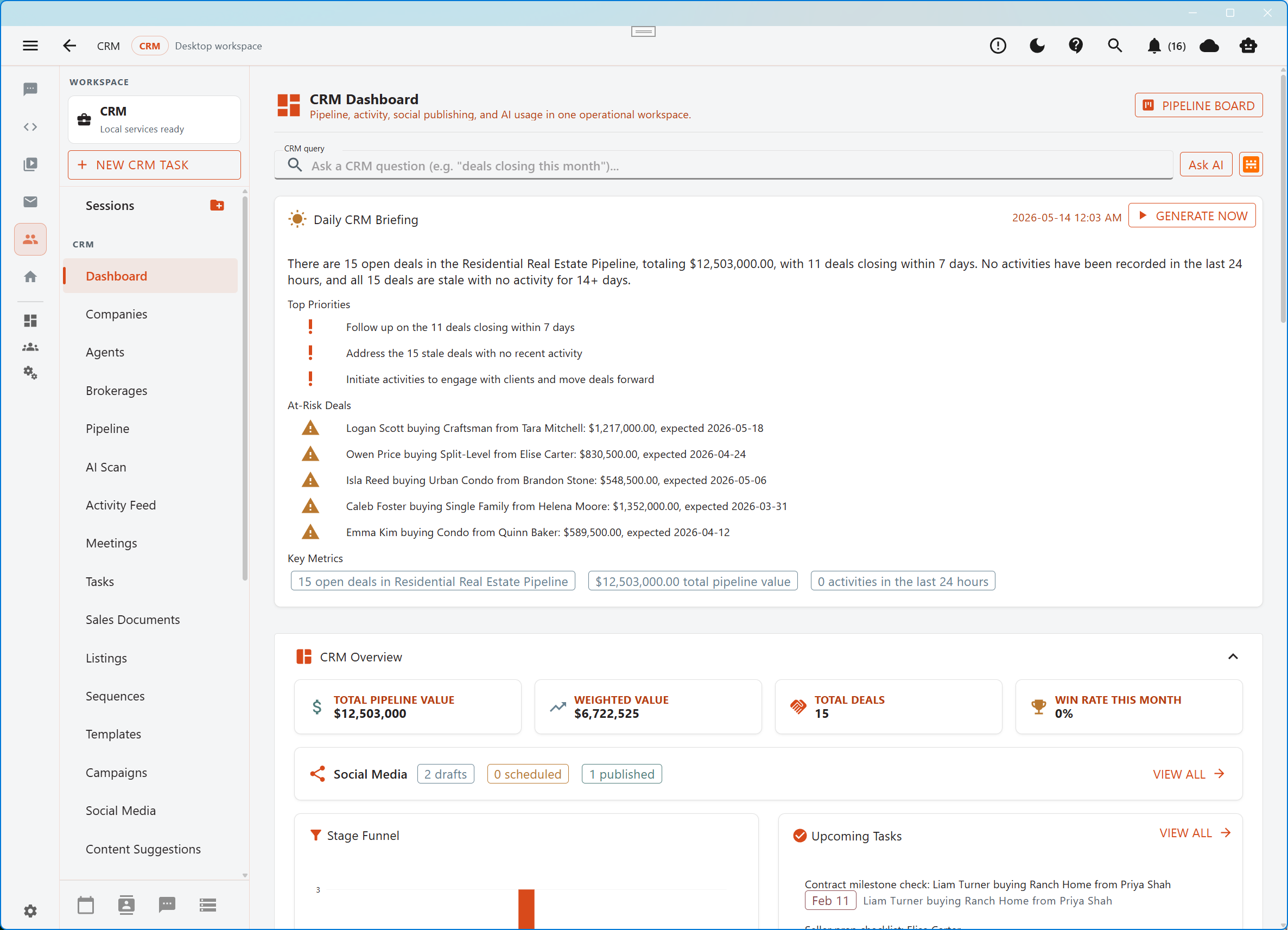 Aurynge CRM dashboard with briefing and pipeline metrics in light mode