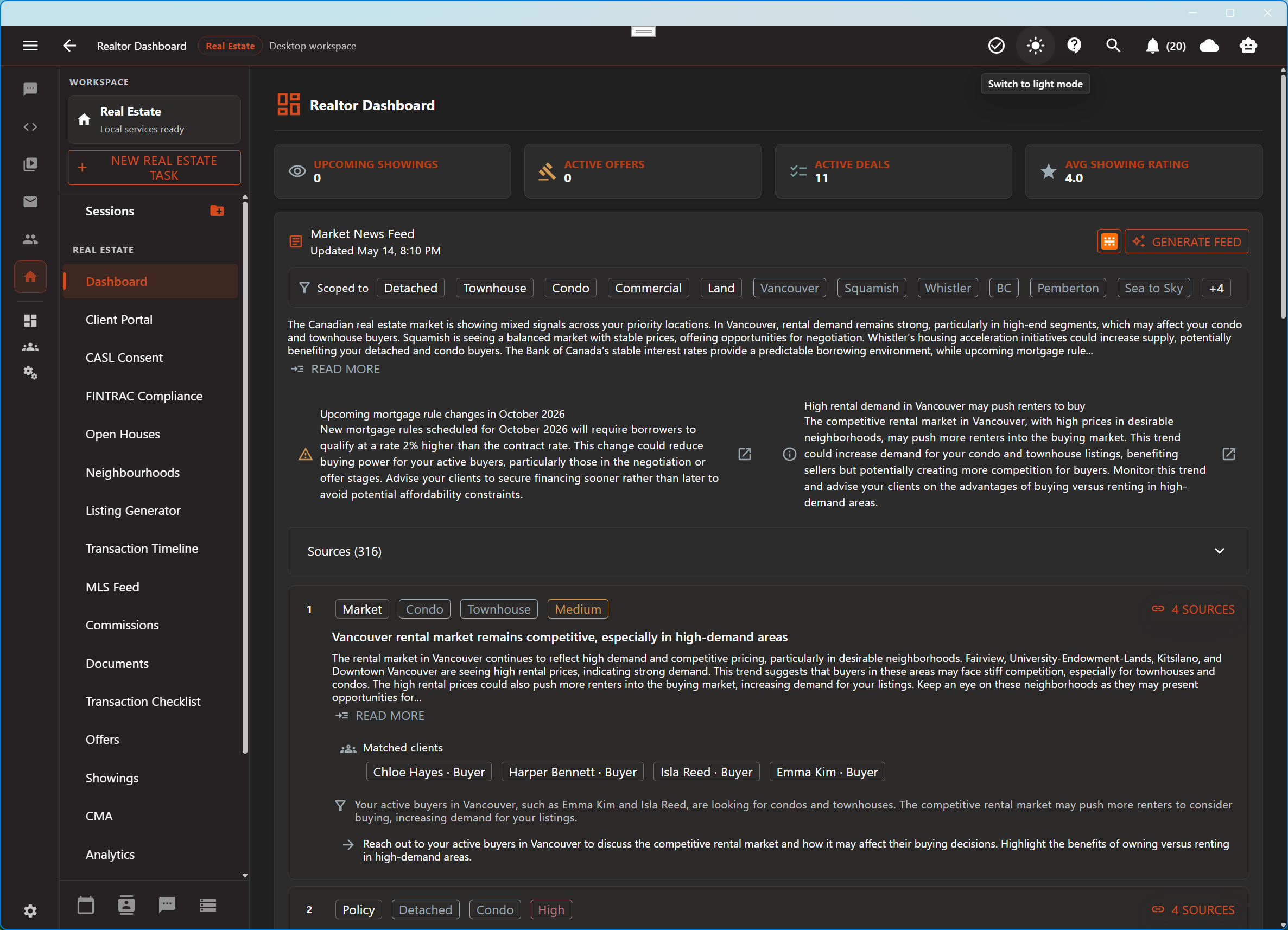Aurynge daily briefing workspace in dark mode