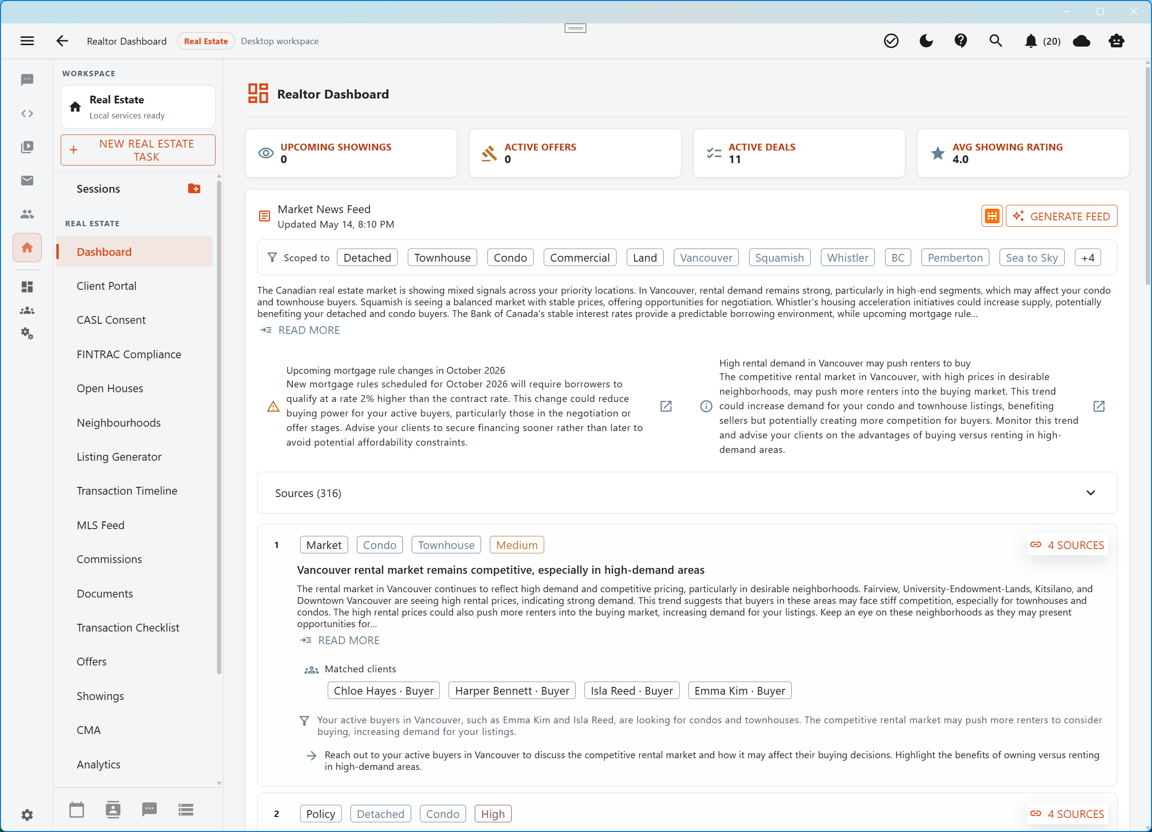 Aurynge daily briefing workspace in light mode
