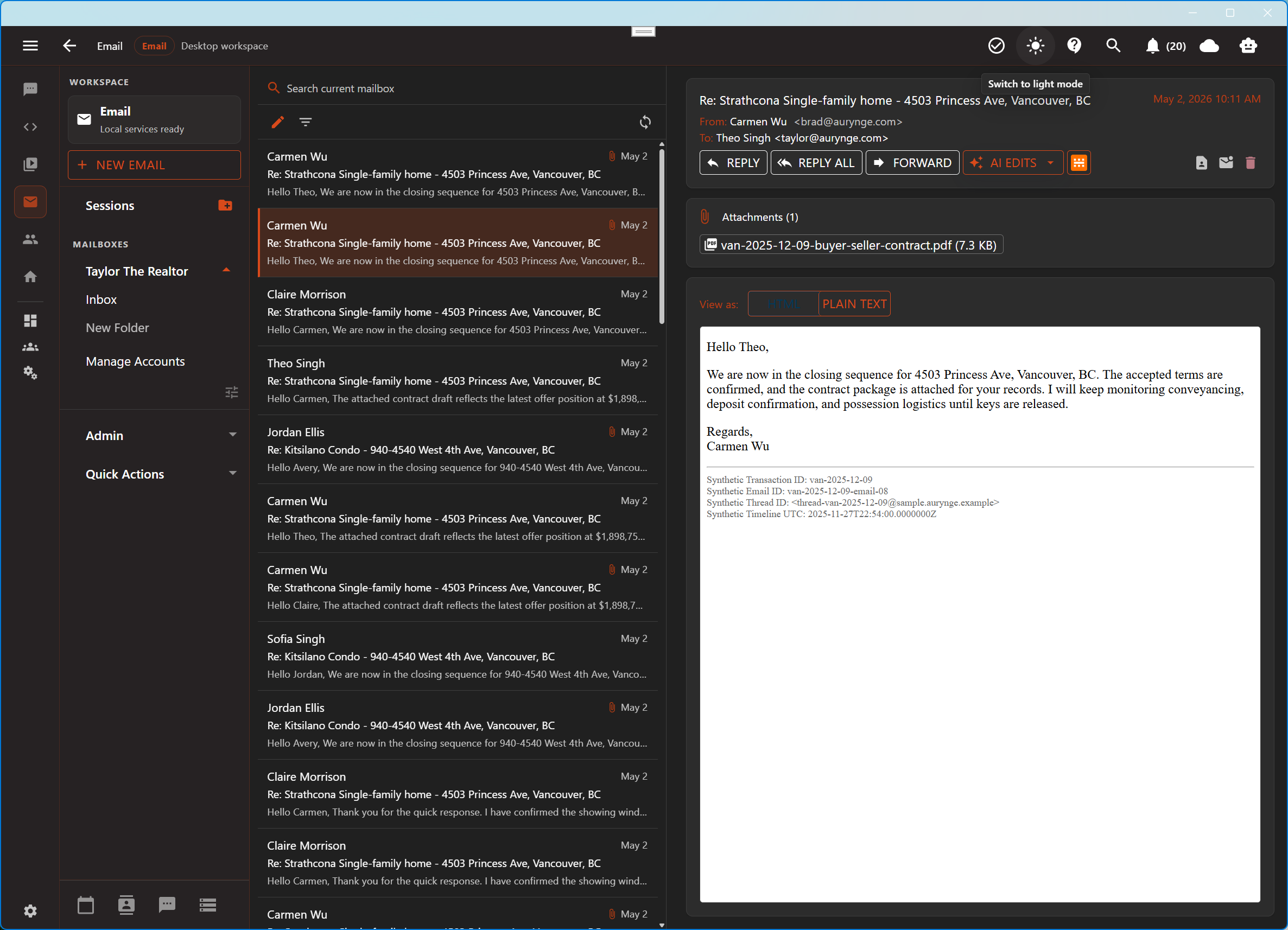 Aurynge email inbox with client messages in dark mode