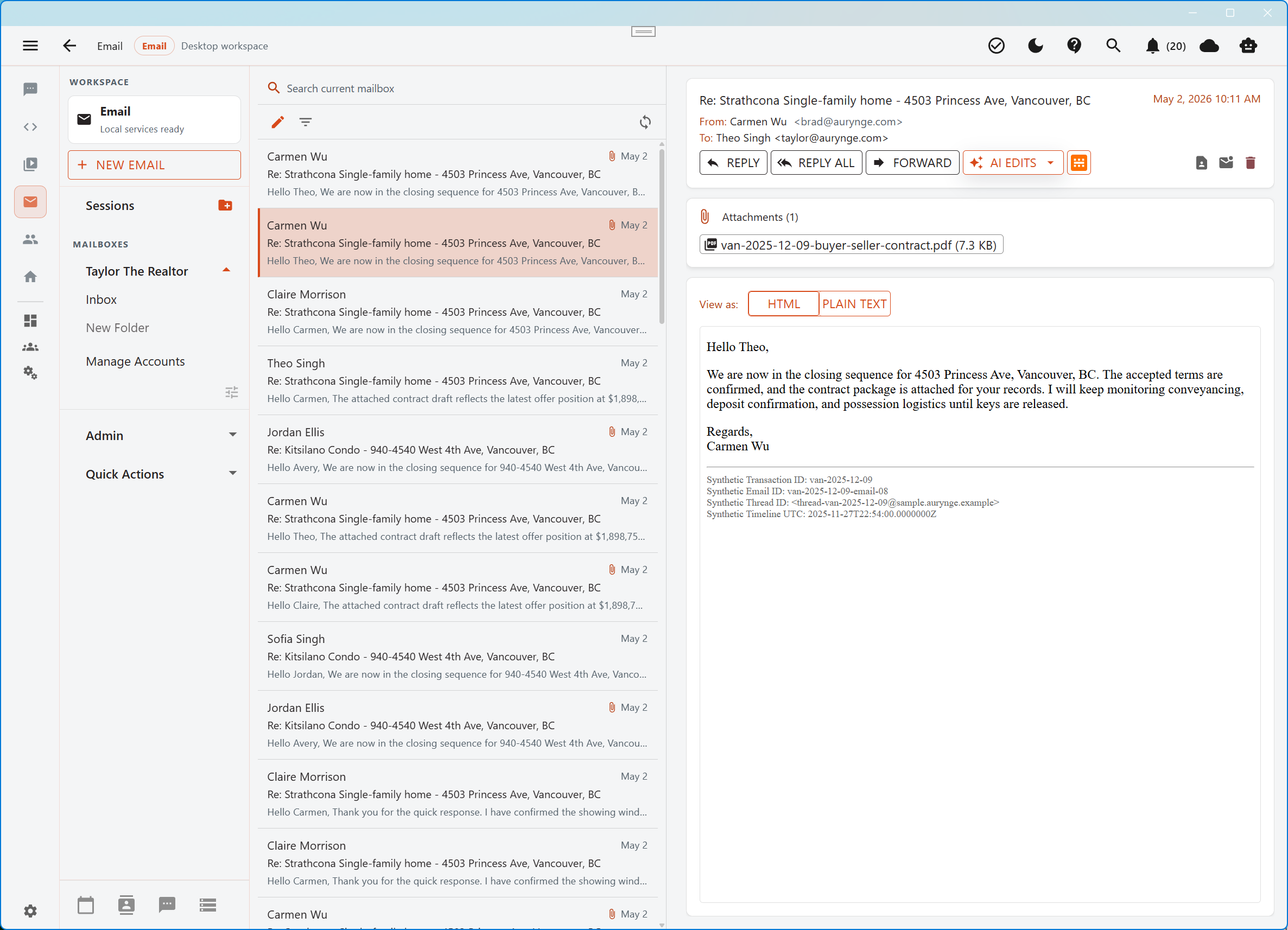 Aurynge email inbox with client messages in light mode