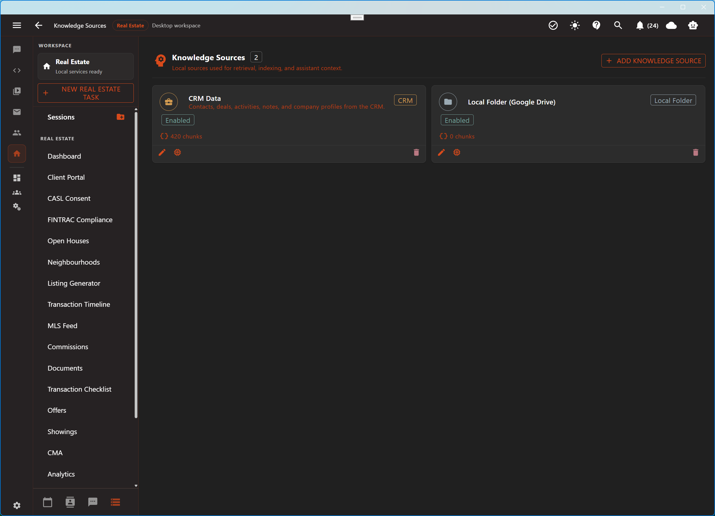 Aurynge knowledge source workspace showing local data sources in dark mode