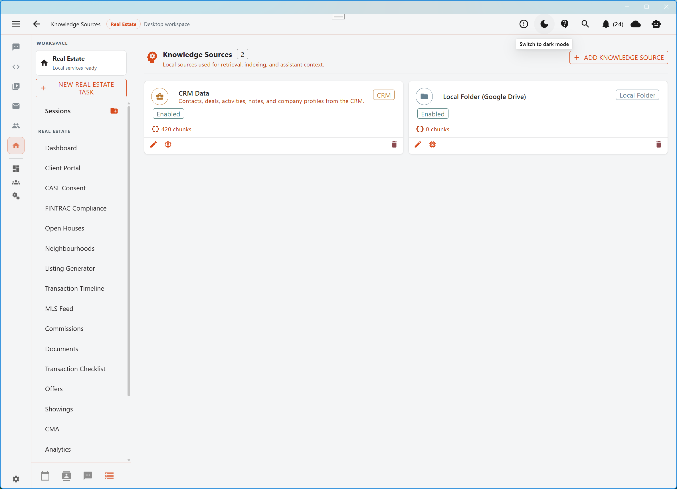 Aurynge knowledge source workspace showing local data sources in light mode