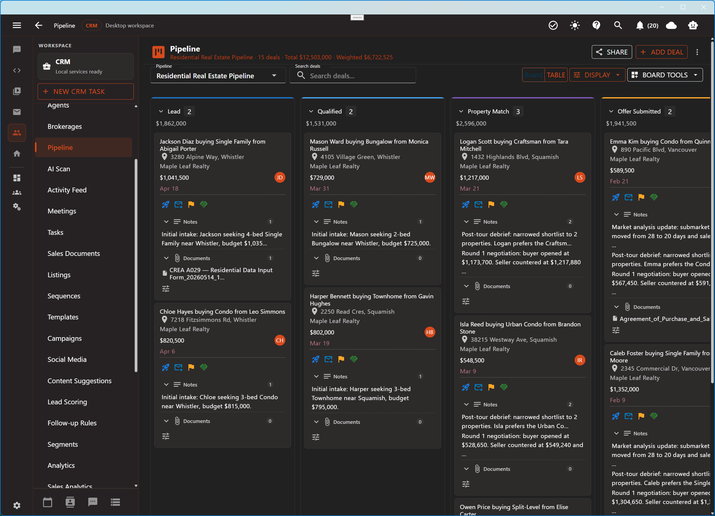 Aurynge deal pipeline board in dark mode