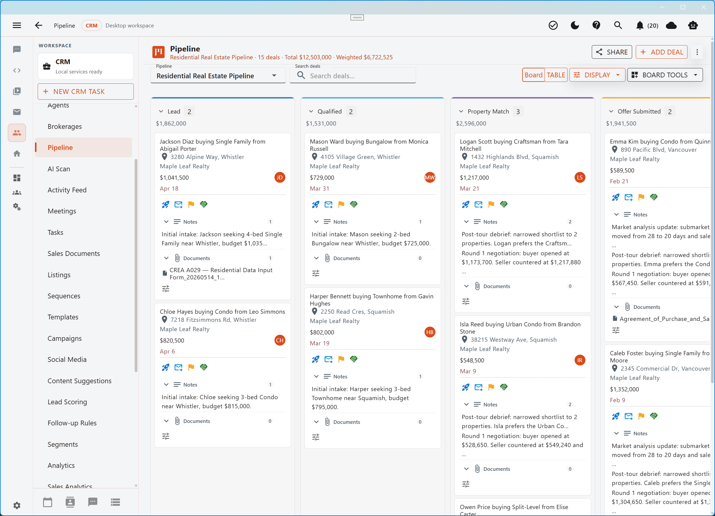Aurynge deal pipeline board in light mode