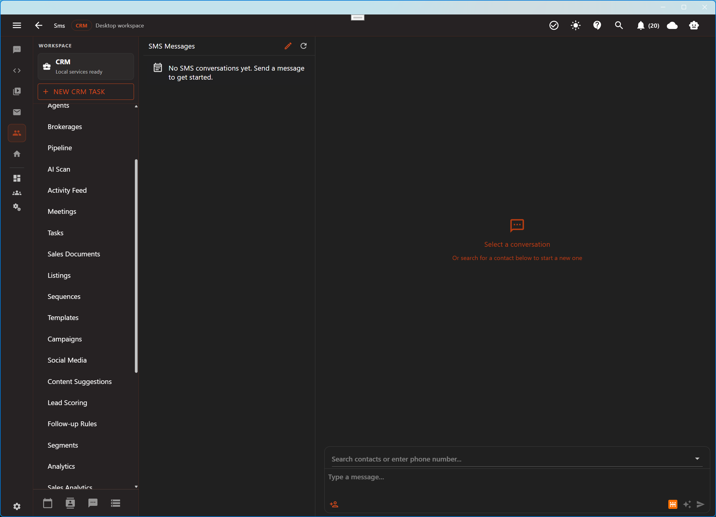 Aurynge SMS and direct messaging workspace in dark mode