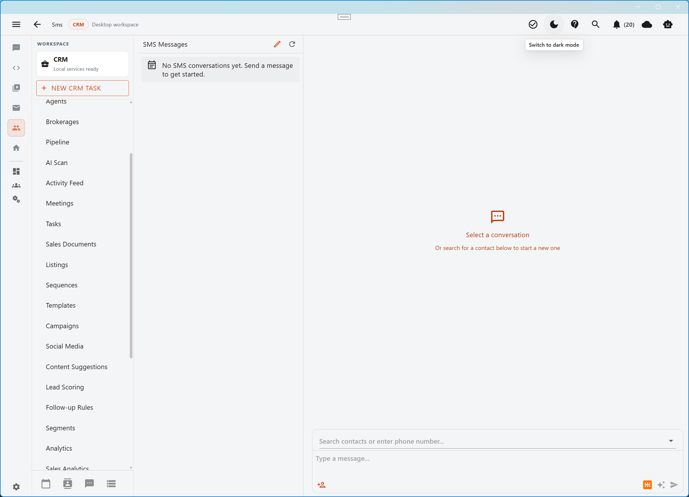 Aurynge SMS and direct messaging workspace in light mode